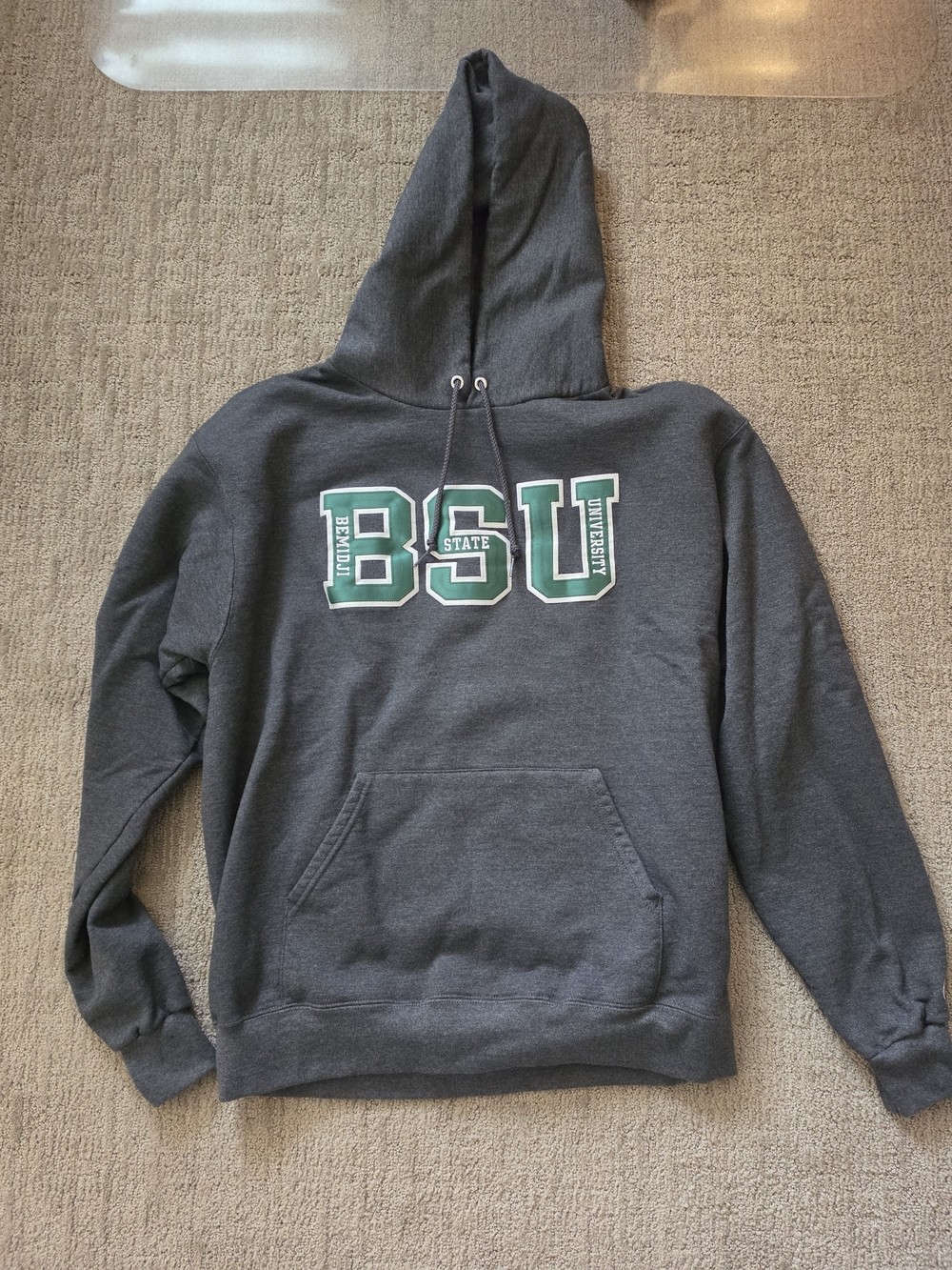 Champion Gray Hoodie with Green Bemidji State University Lettering